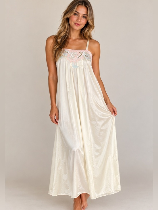 Natori Other - Vintage Natori Ivory Satin Chemeise with Pink Lace Accents
